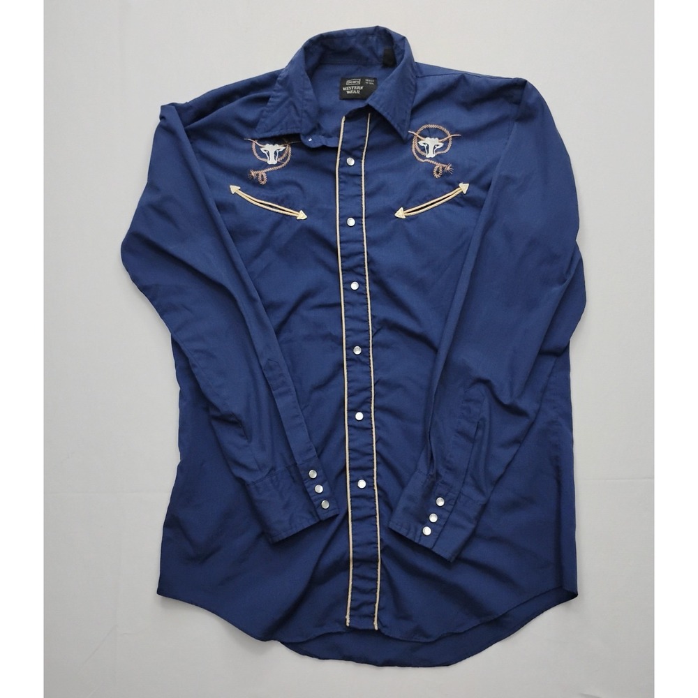 Sears Western Wear Embroidered Pearl Snap Shirt Mens Medium Navy Rodeo Cowboy